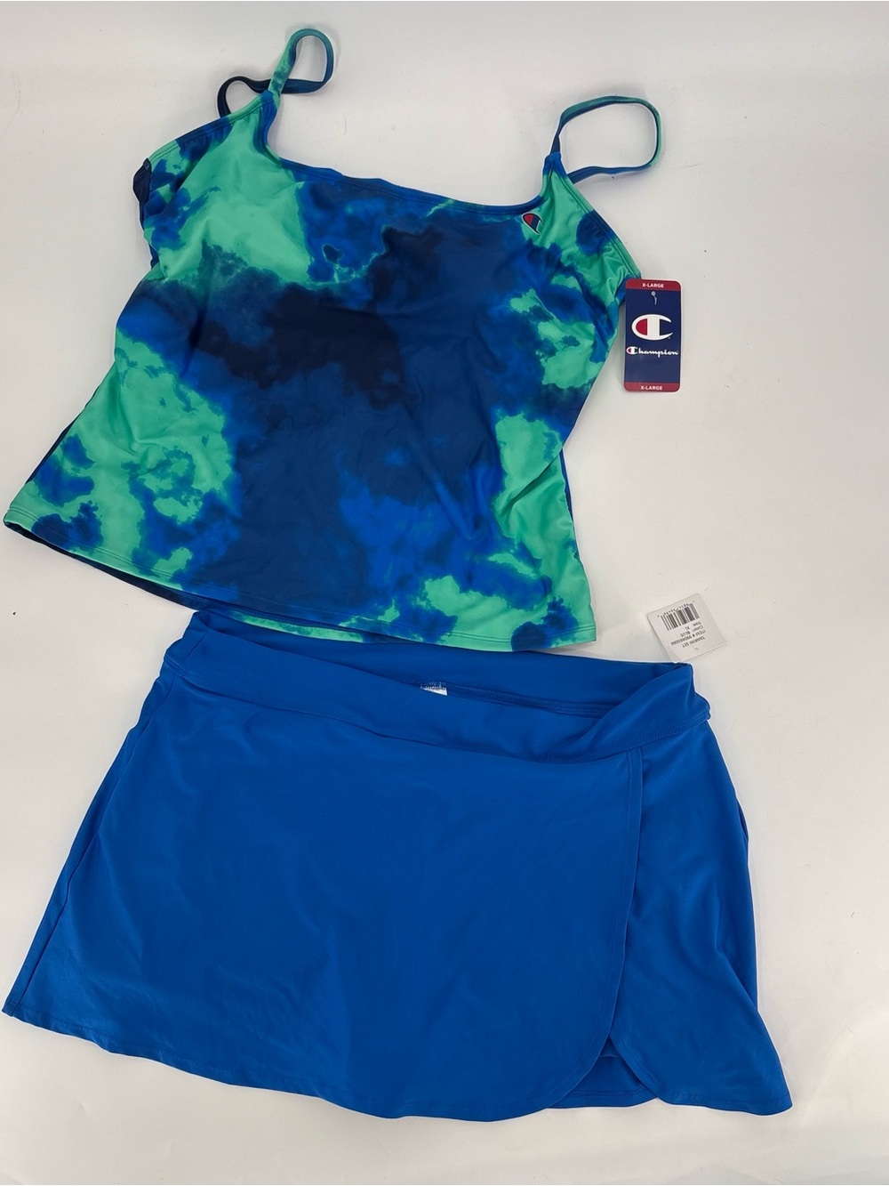 Champion Women's Blue and Green Tie-Dye Tankini Top with Royal Blue Swim Skort